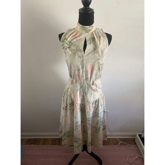 Dresses & Skirts - Vintage Tropical Leaf Print Mock Neck Keyhole Midi Dress Women's Sleeveless